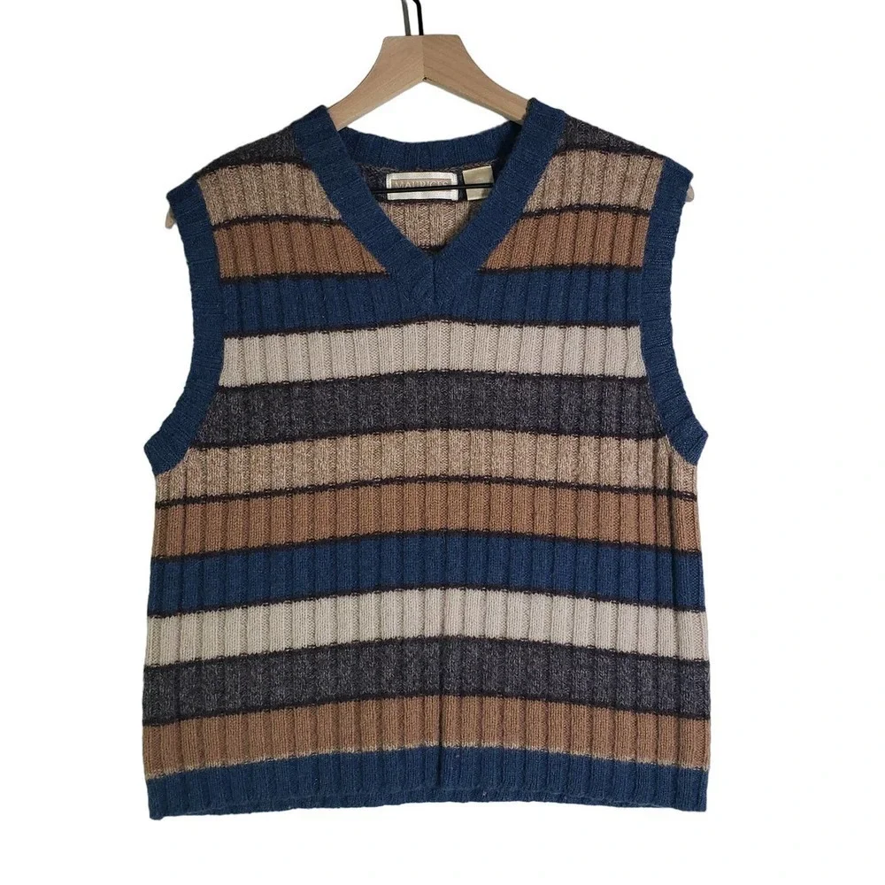 Vintage Maurices Stripe Sweater Vest L Blue‎ Brown Tan Wool